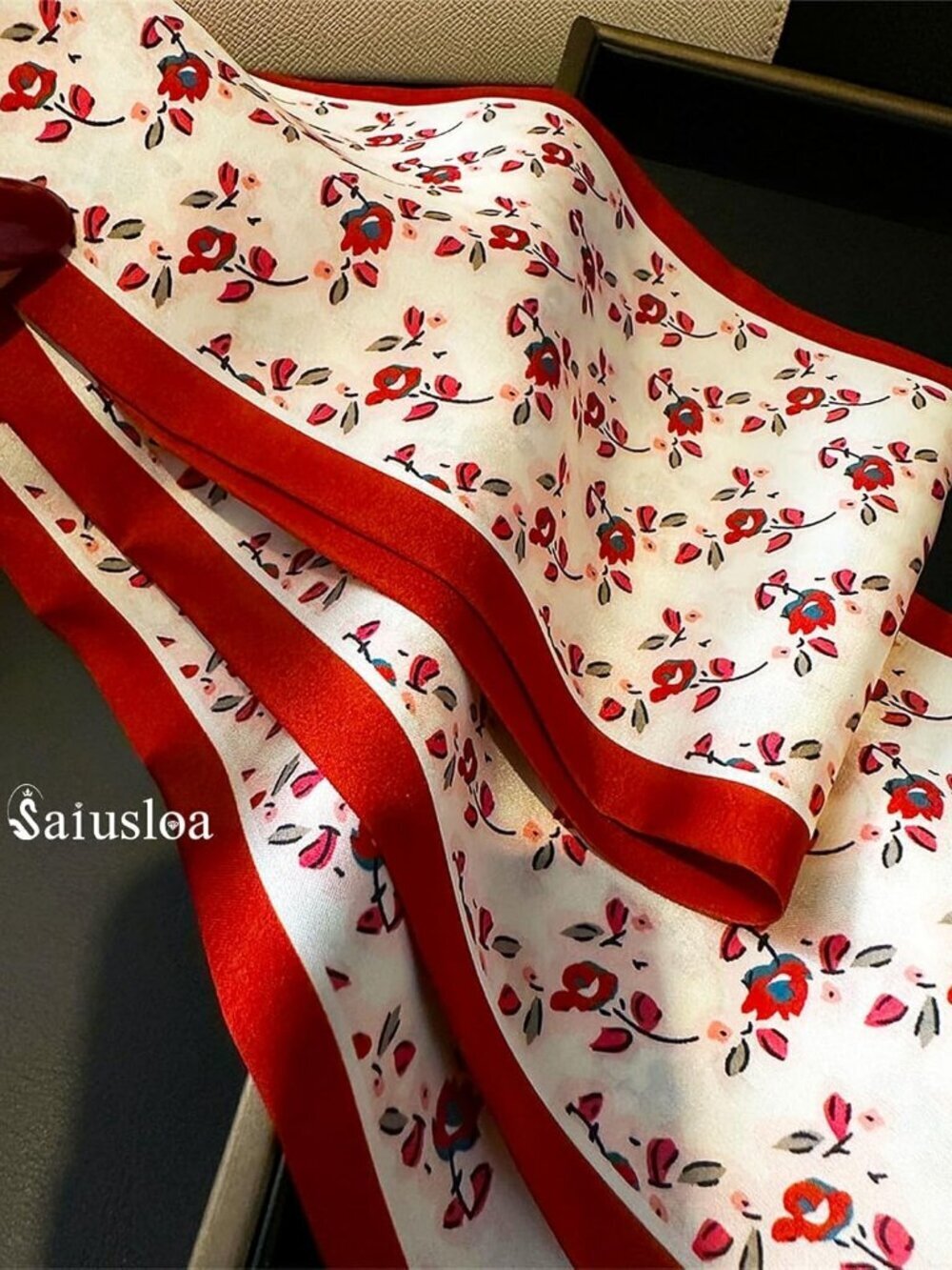 Women's Small Red Flowers Head Fashion Scarves Long Skinny Silky Hair Bags Scarf - Picture 2 of 6